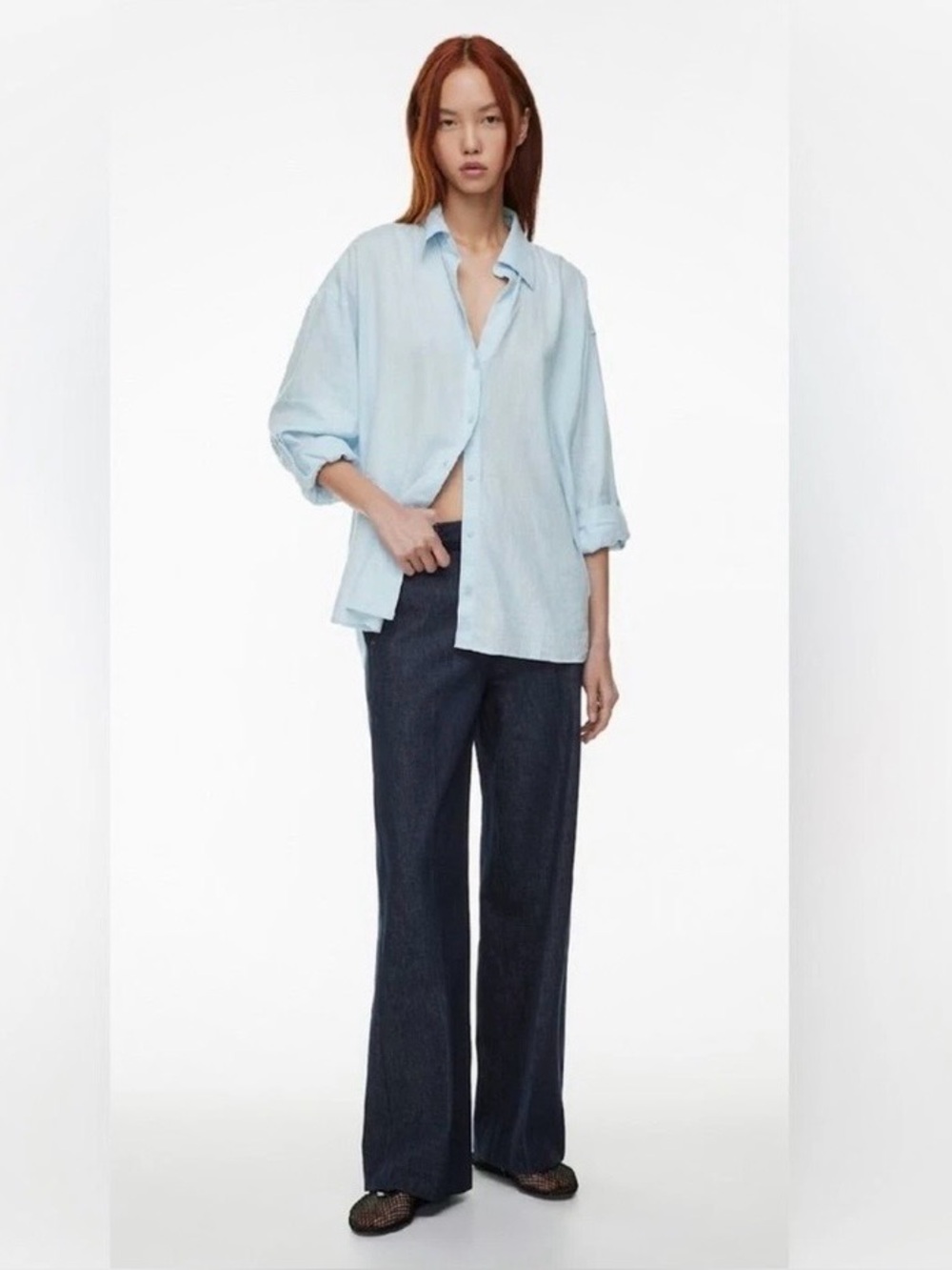 Aritzia Babaton The Group L Linen Light Blue Button Down Shirt Like New